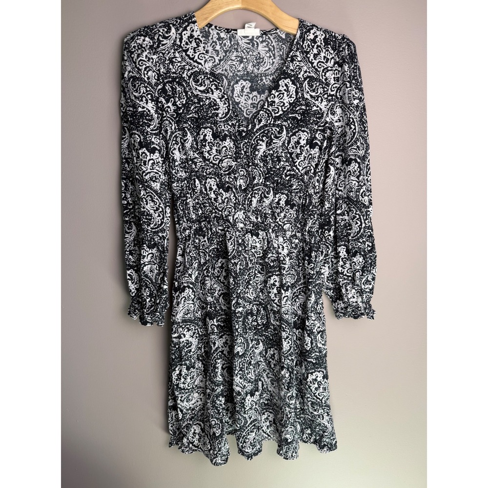 ana a new approach Black White Paisley Long Sleeve Mini Dress XS